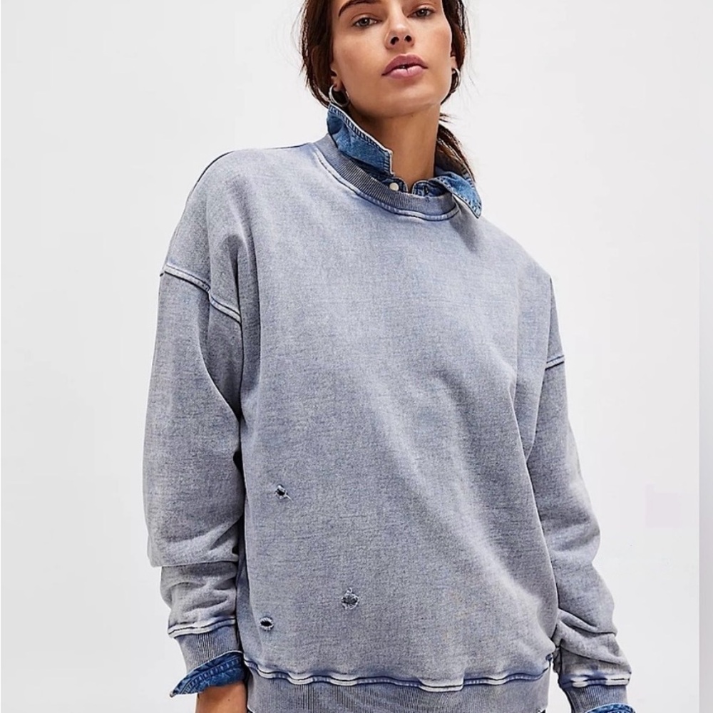 Free People Falling Forward Snow Washed Destroyed Crew Stone Blue M